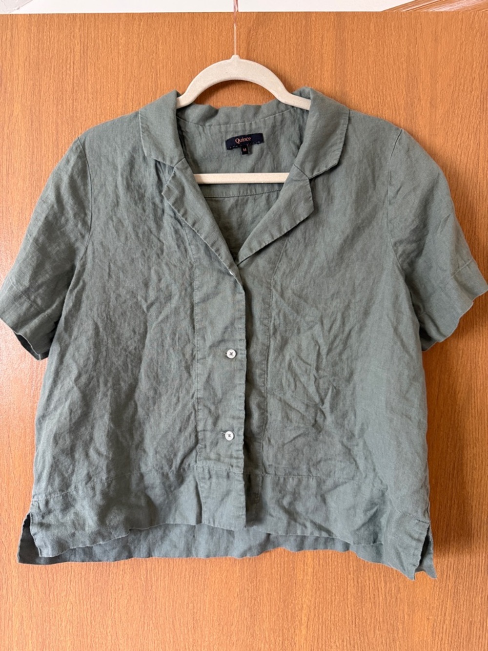 Quince Olive Green Linen Short‑Sleeve Button‑Down – Size Medium